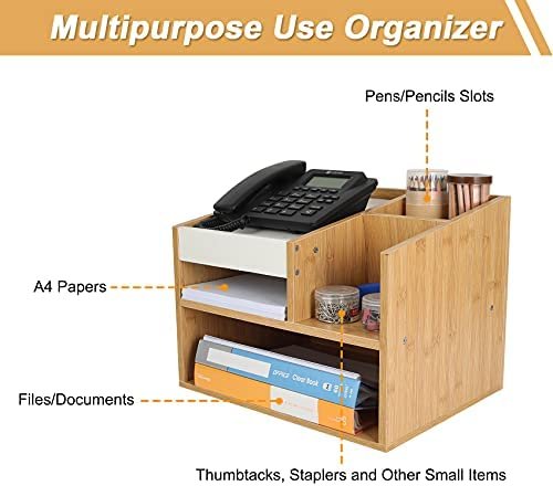 TQVAI Wood Telephone Stand Office Desktop Supplies Organizer with Storage Compartments, Bamboo/White - Image 4
