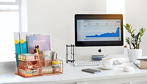 Upgraded Ladies Desk Organizer Cute Mesh Office Supplies Accessories with 2 Drawers for Desktop Organization in Office School Home (Rose gold) - Image 2