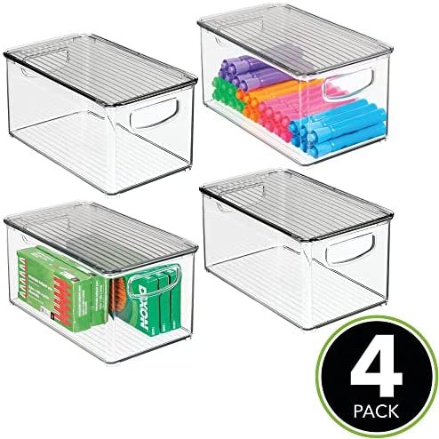 mDesign Plastic Stackable Office Storage Box Container with Handles, Lid for Home Office to Hold Gel Pens, Erasers, Tape, Pens, Pencils, Markers, Notepads, Highlighters - 4 Pack - Clear/Smoke Gray - Image 2