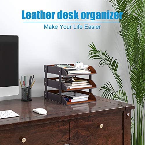 Leather Desk Organizer, Thipoten 3-Tier Stackable Letter Tray Holder for Office Supplies, Paper, File, Magazine, Perfect Office Organization for Desktop (Brown-3Tiers) - Image 5