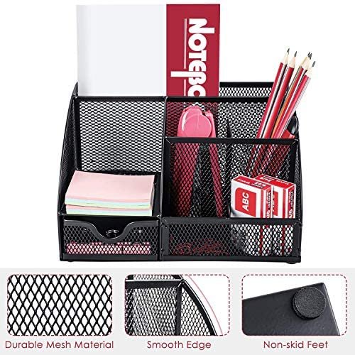 Mesh Desk Organizer Multifunctional Desktop Organizer Office Supplies Holder with 6 Compartments and 1 Drawer for Home Office School Classroom by Pipishell - Image 3