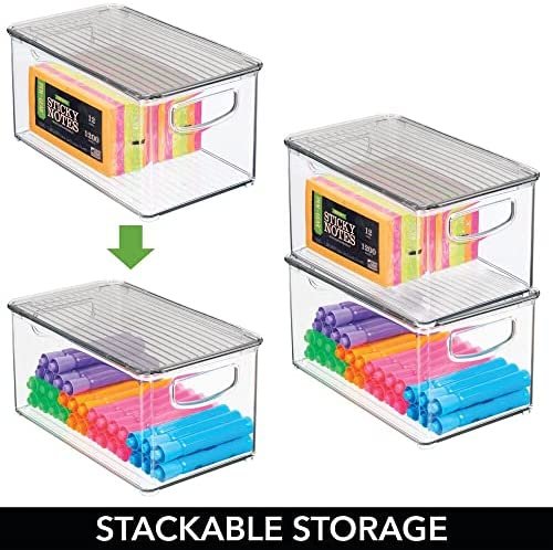 mDesign Plastic Stackable Office Storage Box Container with Handles, Lid for Home Office to Hold Gel Pens, Erasers, Tape, Pens, Pencils, Markers, Notepads, Highlighters - 4 Pack - Clear/Smoke Gray - Image 3