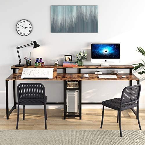 TIYASE 78.7 inch Double Computer Desk with Storage Shelves, Extra Long Two Person Desk with Hutch, Double Workstation Home Office Desk Writing Table with Tiltable Tabletop and Monitor Stand(Rustic) - Image 2