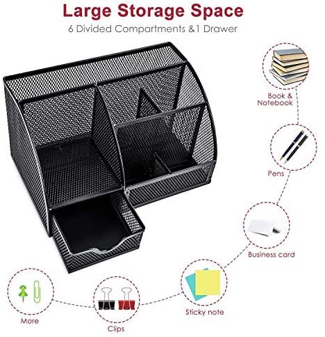 Mesh Desk Organizer Multifunctional Desktop Organizer Office Supplies Holder with 6 Compartments and 1 Drawer for Home Office School Classroom by Pipishell - Image 2