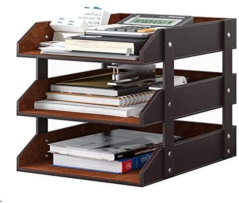 Leather Desk Organizer, Thipoten 3-Tier Stackable Letter Tray Holder for Office Supplies, Paper, File, Magazine, Perfect Office Organization for Desktop (Brown-3Tiers) - Image 2