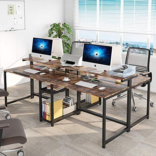 TIYASE 78.7 inch Double Computer Desk with Storage Shelves, Extra Long Two Person Desk with Hutch, Double Workstation Home Office Desk Writing Table with Tiltable Tabletop and Monitor Stand(Rustic) - Image 4
