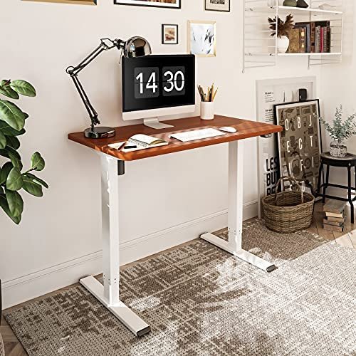 Flexispot EC1 Adjustable Height Desk 42 x 24 Inches Small Desk for Small Space Electric Sit Stand Home Office Table Standing Desk Classic (White Frame + 42 inch Mahogany Desktop) - Image 2
