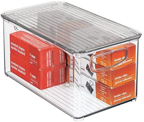 mDesign Plastic Stackable Office Storage Box Container with Handles, Lid for Home Office to Hold Gel Pens, Erasers, Tape, Pens, Pencils, Markers, Notepads, Highlighters - 4 Pack - Clear/Smoke Gray - Image 8