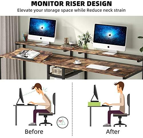 TIYASE 78.7 inch Double Computer Desk with Storage Shelves, Extra Long Two Person Desk with Hutch, Double Workstation Home Office Desk Writing Table with Tiltable Tabletop and Monitor Stand(Rustic) - Image 5