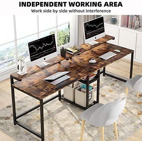 TIYASE 78.7 inch Double Computer Desk with Storage Shelves, Extra Long Two Person Desk with Hutch, Double Workstation Home Office Desk Writing Table with Tiltable Tabletop and Monitor Stand(Rustic) - Image 3
