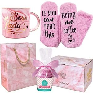Boss Lady Gifts For Women – 12oz Gold Pink Ceramic Coffee Mug + Funny Socks + Gift Bag – For the Best Boss and Boss Lady. The best Boss Gifts and the Best Boss Gifts for Women.