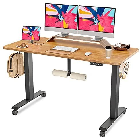 FAMISKY Standing Desk Dual Motors, Adjustable Height Electric Stand up Desk with Footrest, 55 x 24 Inches Sit Stand Home Office Desk, Ergonomic Workstation Black Steel Frame/Bamboo Wood Grain Top