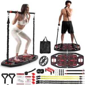 FITINDEX Portable Home Gym, Home Workout Equipment, gym equipment for home with 8 Accessories Including Heavy Resistance Bands, Ab Roller, Push-up Handle, Pilates Bar to Build Muscle and Burn Fat