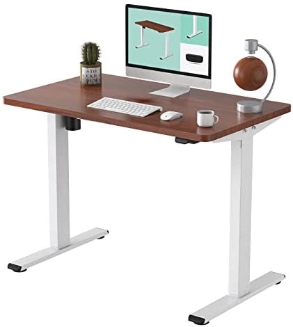 Flexispot EC1 Adjustable Height Desk 42 x 24 Inches Small Desk for Small Space Electric Sit Stand Home Office Table Standing Desk Classic (White Frame + 42 inch Mahogany Desktop)