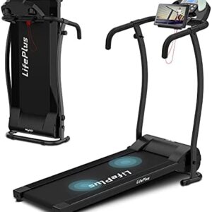 Folding Treadmill Electric Walking Running Exercise Machine Compact Foldable Treadmill with 12 Preset Program 0-6 MPH Speed LCD Display Portable Wheels Safety Key Cup Holder for Home Gym
