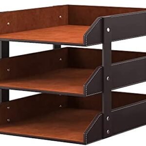 Leather Desk Organizer, Thipoten 3-Tier Stackable Letter Tray Holder for Office Supplies, Paper, File, Magazine, Perfect Office Organization for Desktop (Brown-3Tiers)