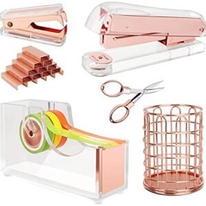 TCJJ Rosegold Office Supplies Set, Desk Accessory Kit Includes Stapler, Tape Dispenser, Staple Remover, Pencil Holder, Scissors, 1000pcs Staples, 10pcs Colored Masking Tapes