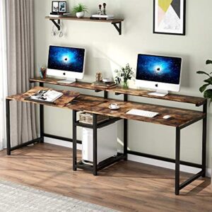 TIYASE 78.7 inch Double Computer Desk with Storage Shelves, Extra Long Two Person Desk with Hutch, Double Workstation Home Office Desk Writing Table with Tiltable Tabletop and Monitor Stand(Rustic)
