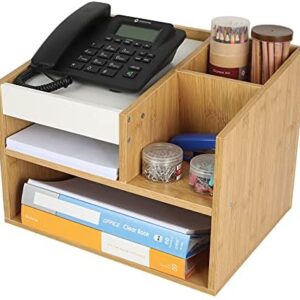 TQVAI Wood Telephone Stand Office Desktop Supplies Organizer with Storage Compartments, Bamboo/White
