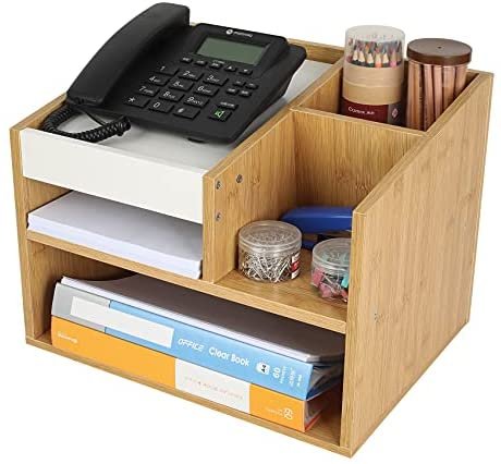 TQVAI Wood Telephone Stand Office Desktop Supplies Organizer with Storage Compartments, Bamboo/White