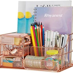 Upgraded Ladies Desk Organizer Cute Mesh Office Supplies Accessories with 2 Drawers for Desktop Organization in Office School Home (Rose gold)