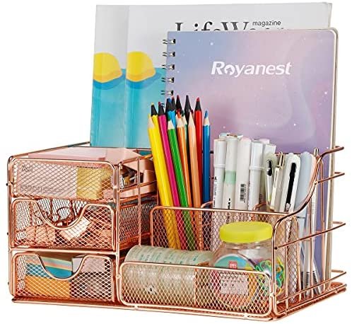 Upgraded Ladies Desk Organizer Cute Mesh Office Supplies Accessories with 2 Drawers for Desktop Organization in Office School Home (Rose gold)