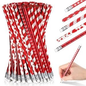Valentine Pencils Classic Novelty Heart Stripe Pencils with Eraser Assorted Kids Pencils Valentine’s Day Party Supplies Student Carnival Prize School Office Supply, 5 Style (100)