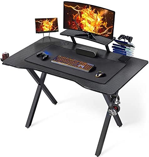 Yaheetech Computer Desk Black Gaming Desk 40 inch PC Home Office Desk Table Study Writing Desks Gamer Workstation with Monitor Stand Headphone Storage Hook Storage Rack Cup Holder, Black