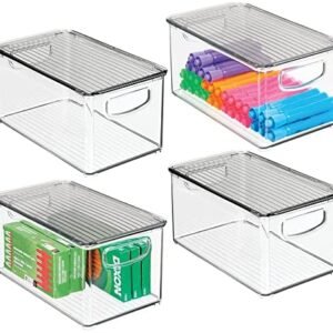 mDesign Plastic Stackable Office Storage Box Container with Handles, Lid for Home Office to Hold Gel Pens, Erasers, Tape, Pens, Pencils, Markers, Notepads, Highlighters – 4 Pack – Clear/Smoke Gray mDesign Plastic Stackable Office Storage Box Container with Handles, Lid for Home Office to Hold Gel Pens, Erasers, Tape, Pens, Pencils, Markers, Notepads, Highlighters – 4 Pack – Clear/Smoke Gray