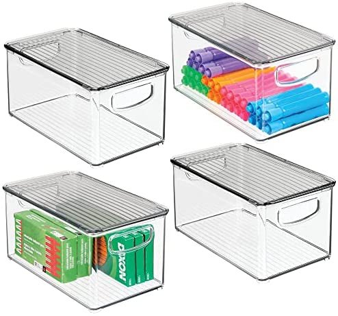 mDesign Plastic Stackable Office Storage Box Container with Handles, Lid for Home Office to Hold Gel Pens, Erasers, Tape, Pens, Pencils, Markers, Notepads, Highlighters - 4 Pack - Clear/Smoke Gray