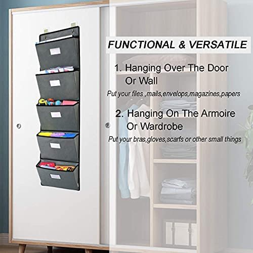 Over The Door File Organizer,Wall Mounted Hanging File Folder Holder Mail Organizers,Home Office Supplies Storage Pocket Chart for Paper,Magazine,Notebooks,Planners,5 Large Pockets - Image 5