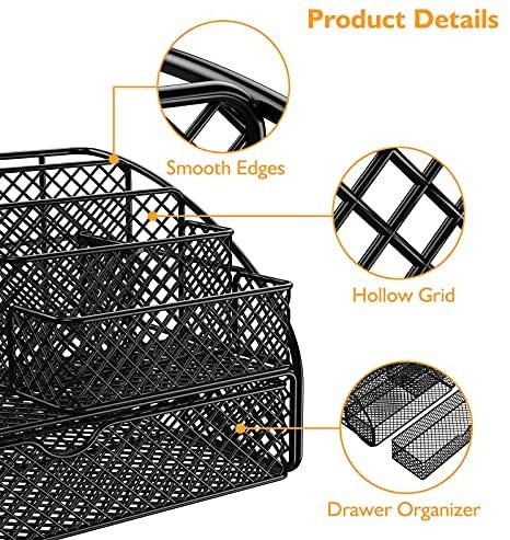 Desk Organizer, YASONIC Mesh Office Supplies Desk Accessories Features 6 Compartments + 1 Mini Sliding Drawer, Metal Desk Drawer Organizer with Pencil Holder and Storage Box - Image 4