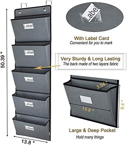 Over The Door File Organizer,Wall Mounted Hanging File Folder Holder Mail Organizers,Home Office Supplies Storage Pocket Chart for Paper,Magazine,Notebooks,Planners,5 Large Pockets - Image 2