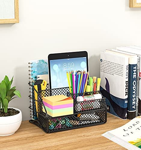 Desk Organizer, YASONIC Mesh Office Supplies Desk Accessories Features 6 Compartments + 1 Mini Sliding Drawer, Metal Desk Drawer Organizer with Pencil Holder and Storage Box - Image 2