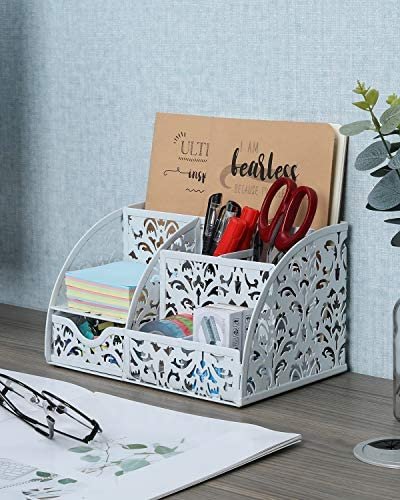 EasyPAG Office Desk Organizer 5 Compartments Desktop Accessories Caddy with Drawer,White - Image 4