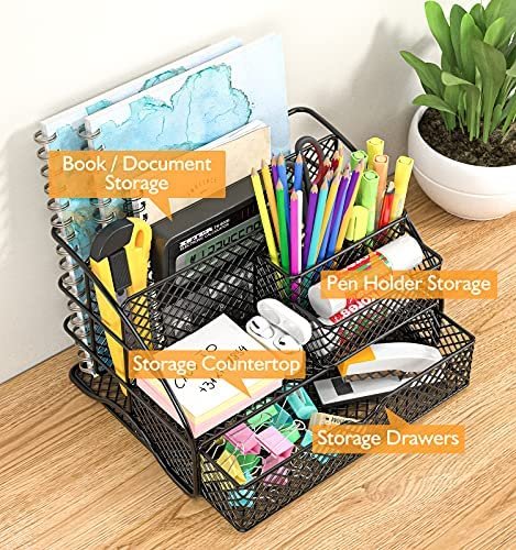 Desk Organizer, YASONIC Mesh Office Supplies Desk Accessories Features 6 Compartments + 1 Mini Sliding Drawer, Metal Desk Drawer Organizer with Pencil Holder and Storage Box - Image 3