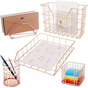 BHONGVV Desk Organizer Set 5 Piece Desk Accessories Set Rose Gold Wire Desk Set for Women – Letter Tray, Pen Holder, Mail Sorter, Magazine File Holder & Sticky Note Holder (Rose Gold)