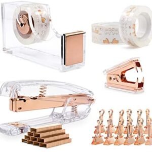 BOMEI PACK Desk Stapler Set, Tape Dispenser with 3Rolls Transparent Tape, Staple Remover with 1000 Staples and 12 Binder Clips, Acrylic Rose Gold Office Accessories Kit