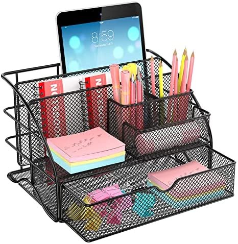 Desk Organizer, YASONIC Mesh Office Supplies Desk Accessories Features 6 Compartments + 1 Mini Sliding Drawer, Metal Desk Drawer Organizer with Pencil Holder and Storage Box