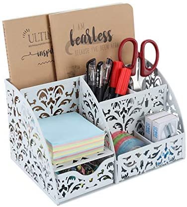 EasyPAG Office Desk Organizer 5 Compartments Desktop Accessories Caddy with Drawer,White