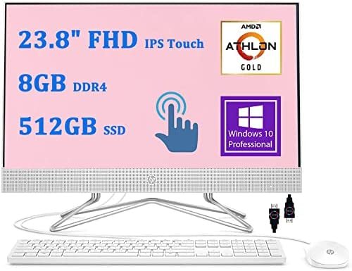 HP Premium 24 All-in-One Desktop Computer 23.8" FHD IPS Touchscreen (72% NTSC) AMD Athlon Gold 3150U (> i5-7200U) 8GB DDR4 512GB SSD AMD Radeon Graphics DVD Webcam Win10 Pro White + HDMI Cable