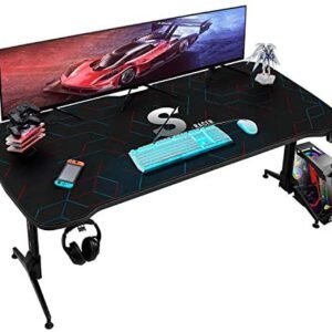 Homall Gaming Desk 60 Inch Pc Computer Desk Office Table Worksation T Shape Height Adjustable with Full Desk Mouse Pad, Gaming Handle Rack, Cup Holder and Head Set Rack (Carbon Fiber Black)