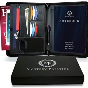Mastery Prestige Zippered Portfolio/Padfolio Organizer – PU Leather Case with Tablet Sleeve, A4 Notebook, Phone & Business Cards Holders – Professional Interview Document Binder, File Folder