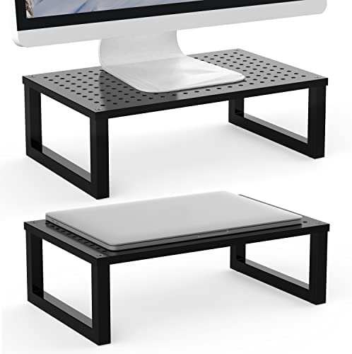 Monitor Stand Riser, Desktop Printer Monitor Stands Riser for 2 Monitor, with Vented Metal Platform and Underneath Storage (STT004-2), 2 Pack, Black by WALI
