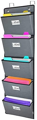 Over The Door File Organizer,Wall Mounted Hanging File Folder Holder Mail Organizers,Home Office Supplies Storage Pocket Chart for Paper,Magazine,Notebooks,Planners,5 Large Pockets