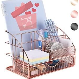 UPGRADE Desk Organizer, Mesh Office Supplies Desk Accessories, Office Desktop Pen Holder Caddy with 5 Compartments and 1 Large Drawer for School Office Bedroom Home (Rose gold)
