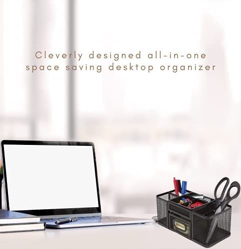 1InTheOffice Desk Supplies Organizer, Desk Caddy 7-Compartment Wire Mesh Accessory Holder, Matte Black - Image 4