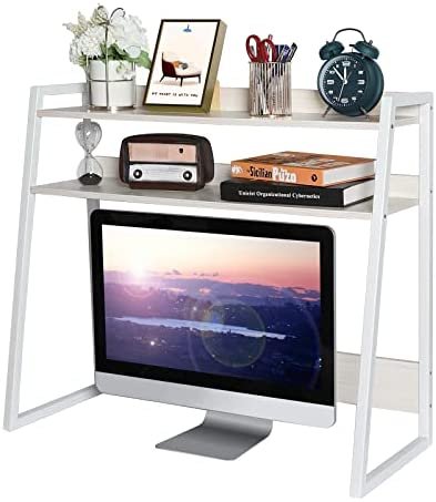 Desktop Bookshelf Wooden Bookcase ,X-cosrack Computer Desk Countertop Bookshelf Hutch Storage Organizer Shelves Rack for Office Supplies Organizer, Home Decor 2-Tier White - Image 2