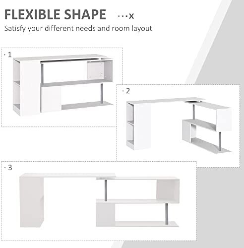 HOMCOM 55" 360° Rotating Corner Computer Desk Modern L-Shaped Home Office Workstation with 3-Tier Storage Shelves, Bookshelf, White - Image 4