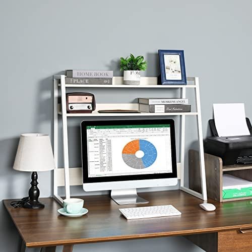 Desktop Bookshelf Wooden Bookcase ,X-cosrack Computer Desk Countertop Bookshelf Hutch Storage Organizer Shelves Rack for Office Supplies Organizer, Home Decor 2-Tier White - Image 8